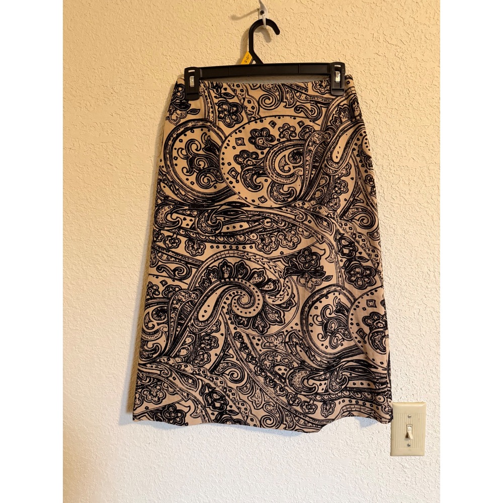 Harold's Tan Black Paisley Midi Pencil Skirt Size 0 Cotton Blend Made in USA